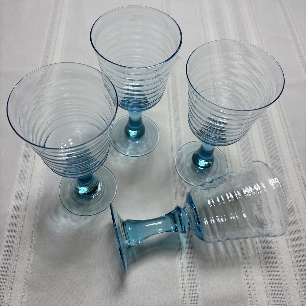 Vtg Libbey Stemware Lite Blue Glasses Blown Set 4 PERFECT